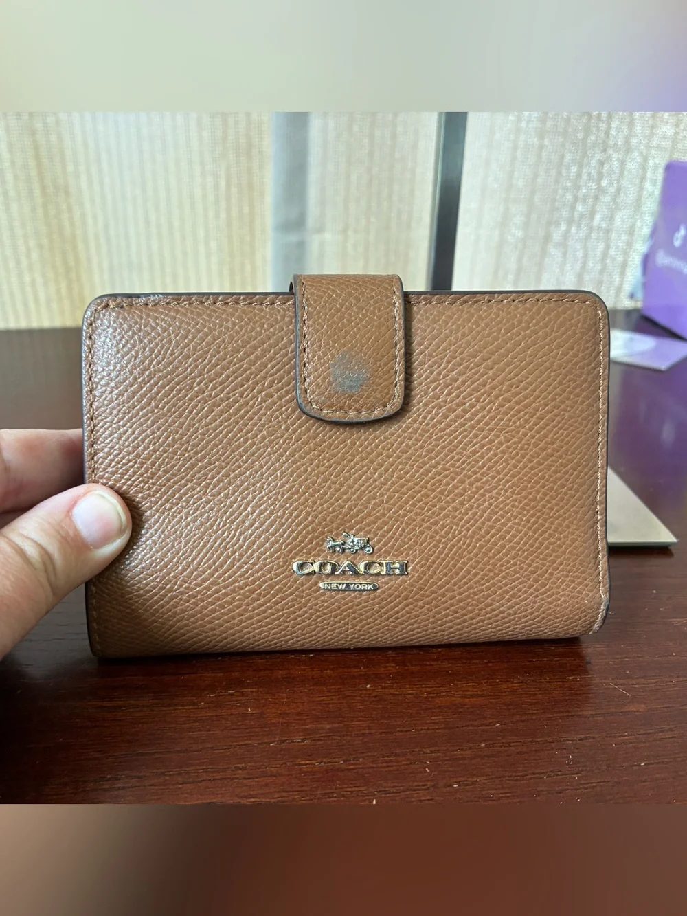 COACH Brown Pebbled Leather Card Holder Wallet